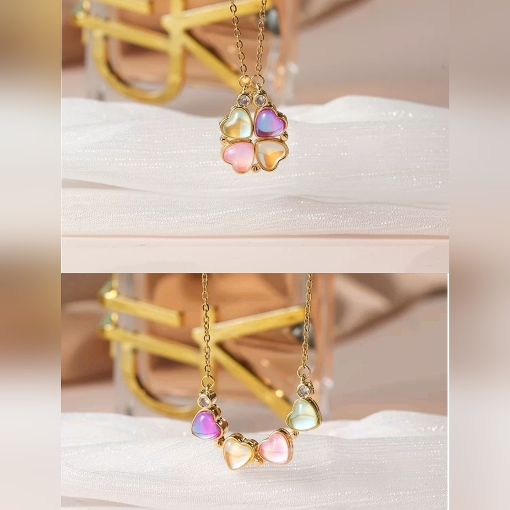 2-in-1 Magnetic Necklace Iridescent Opal Heart & Clover